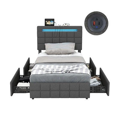 Upholstered Led Bed Frame with Headboard and 4 Drawers