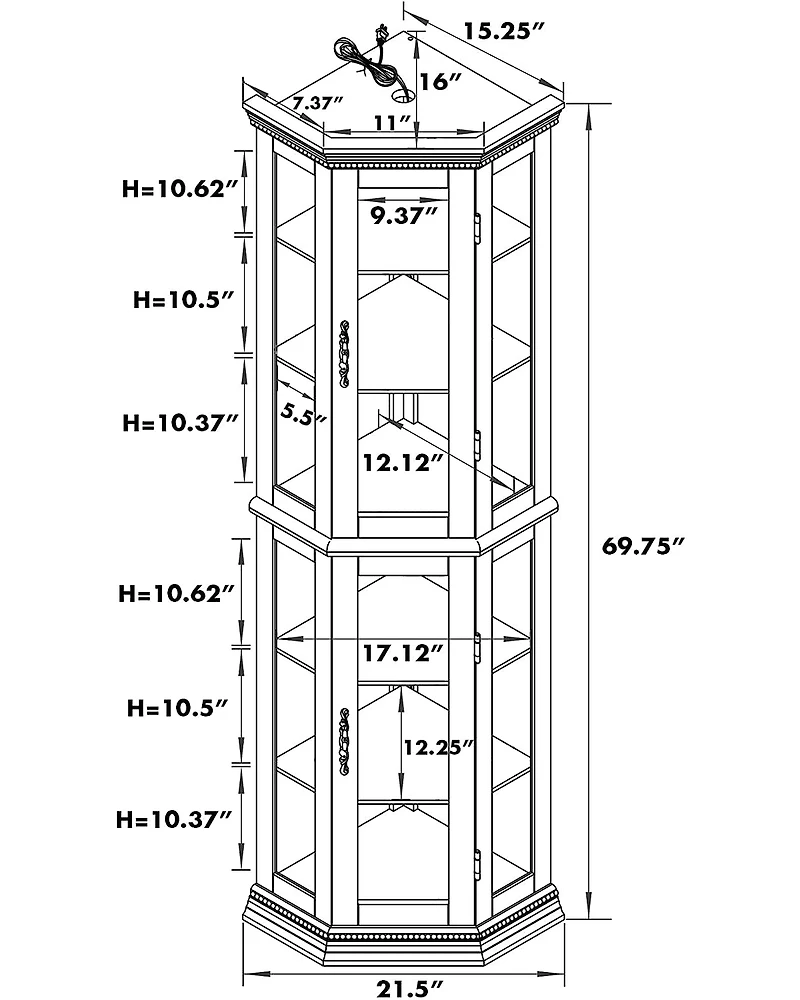 Streamdale Furniture Walnut Corner Curio Cabinet with Lights & Adjustable Shelves