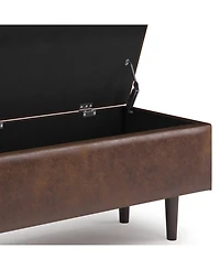 Simpli Home Shay Mid Century Rectangular Storage Ottoman in Distressed Chestnut Brown Pu Leather