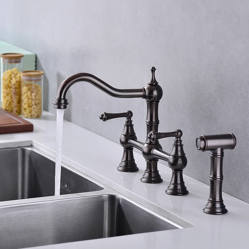 Streamdale Furniture Bridge Dual Handles Kitchen Faucet With Pull-Out Side Spray