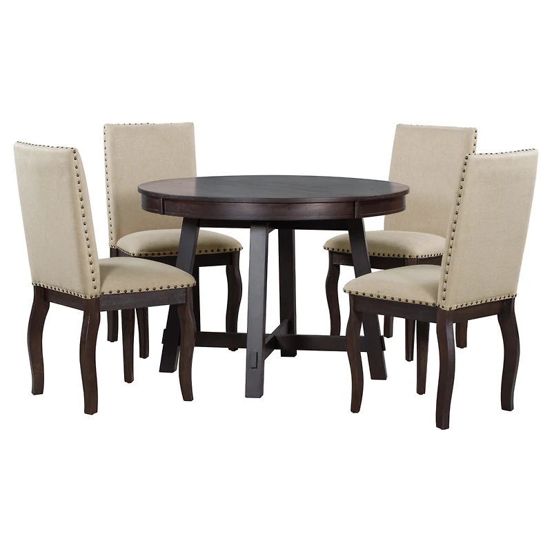Simplie Fun Farmhouse Dining Set - Round Table + 4 Chairs