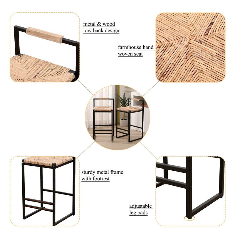 Streamdale Furniture Water Hyacinth Woven Bar Stools with Back Support