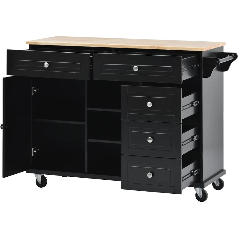 Streamdale Mobile Kitchen Cart with Rubber Wood Desktop and 5 Draws - 53" Length