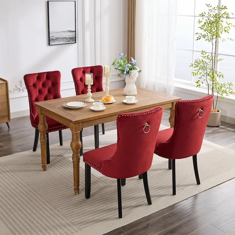 Classic Velvet Dining Chairs, High-end Tufted Solid Wood Contemporary Velvet Upholstered Dining Chair with Wood Legs Nailhead, Set Of 2,Burgundy, Wine