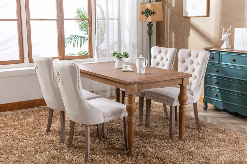 Modern, High-end Tufted Solid Wood Contemporary Velvet Upholstered Dining Chair with Wood Legs Nailhead Trim 2-Pcs Set,Beige