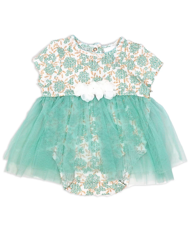 Baby Mode Girls 2 Piece Aqua Floral Romper with Tulle Over Skirt and Matching Headband