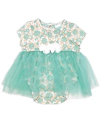 Baby Mode Girls 2 Piece Aqua Floral Romper with Tulle Over Skirt and Matching Headband