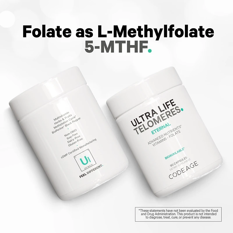 Codeage Ultra Life Telomeres Supplement - 5 Mthf Folate Vitamin B9, Vitamin B12 Methylcobalamin, Vitamin D3, L-Theanine, Ashwagandha
