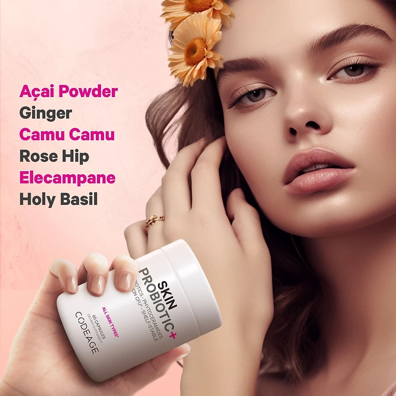 Codeage Skin Probiotics + Prebiotics - Skin Care Routine Supplement - 50 Billion Cfu - Ayurvedic Botanical Herbs - Face Probiotics