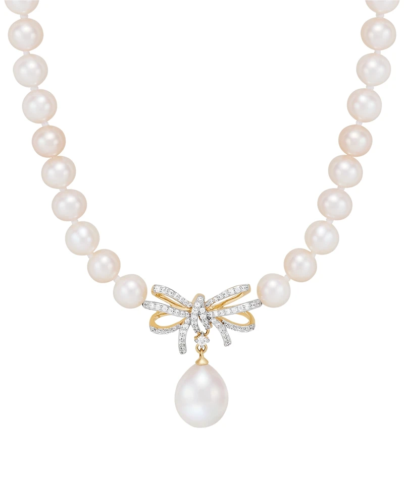 Honora Cultured Freshwater Pearl (5 & 8-1/2mm) & Diamond (1/5 ct. t.w.) Ribbon 17" Collar Necklace in 10k Gold