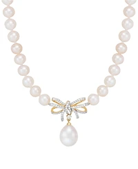 Honora Cultured Freshwater Pearl (5 & 8-1/2mm) & Diamond (1/5 ct. t.w.) Ribbon 17" Collar Necklace in 10k Gold