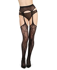 MeMoi Women's All-In-One Lace Suspender Floral Fishnet Tights
