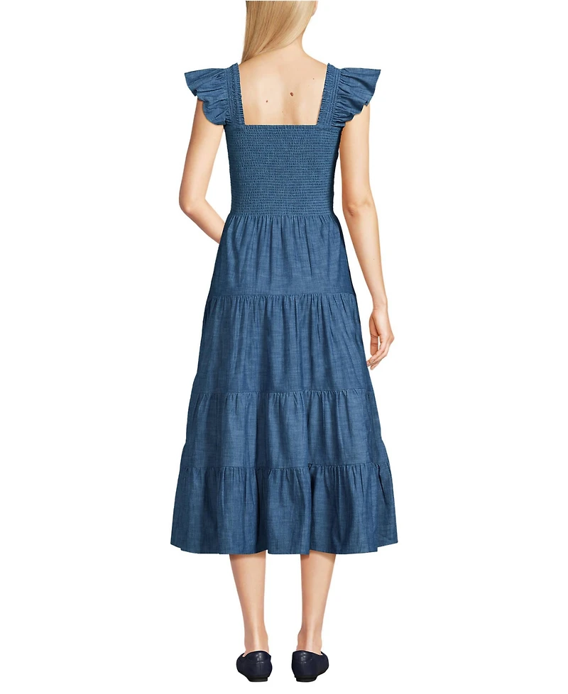 Lands' End Women's Chambray Smocked Dress with Ruffle Straps