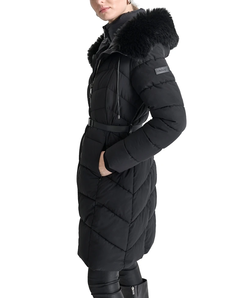 Dkny Women's Bibbed Faux-Fur-Trim Hooded Puffer Coat