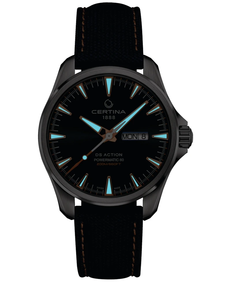 Certina Men's Swiss Automatic Ds Action Day-Date Powermatic 80 Blue Synthetic Strap Watch 41mm