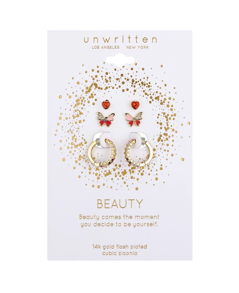 Unwritten Multi Pink Cubic Zirconia and Enamel Heart Butterfly Stud and Hoop Earring Set