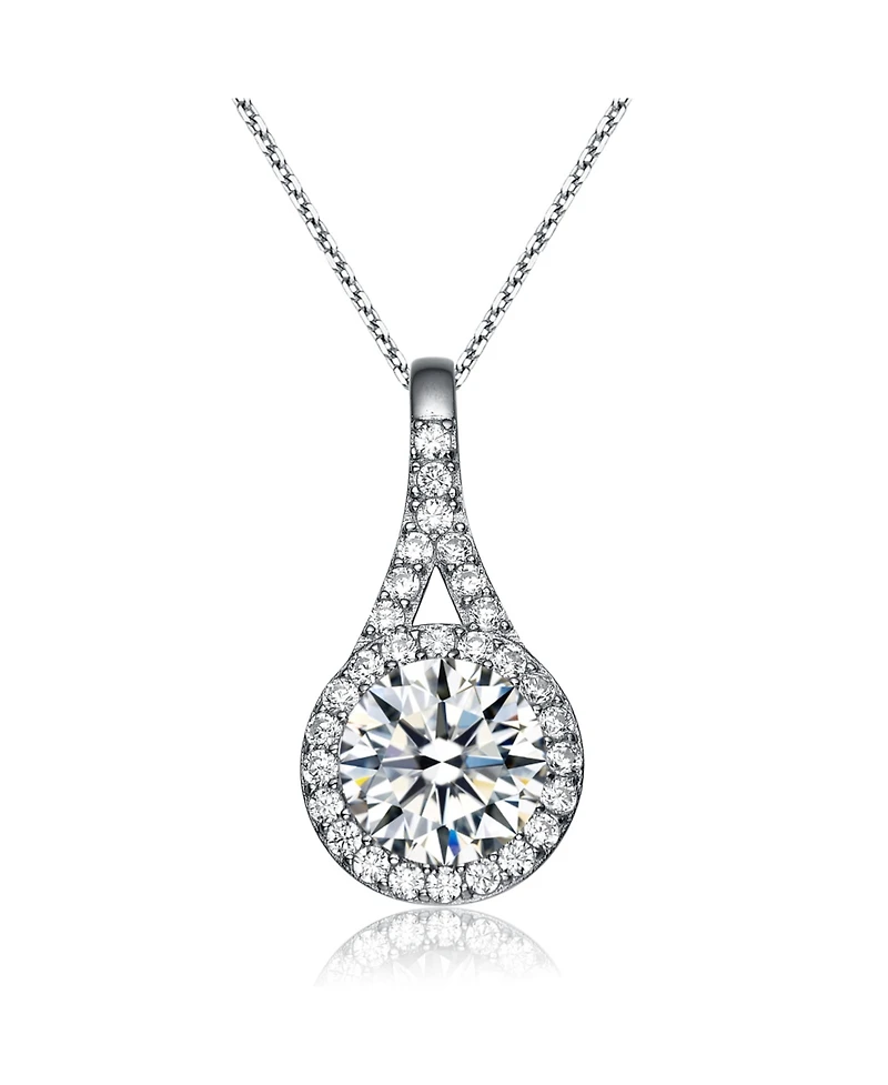 Sterling Silver with Haloed Clear Round Cubic Zirconia Solitaire with a Split Bail Necklace