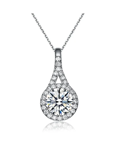Sterling Silver with Haloed Clear Round Cubic Zirconia Solitaire with a Split Bail Necklace