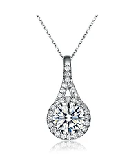 Sterling Silver with Haloed Clear Round Cubic Zirconia Solitaire with a Split Bail Necklace