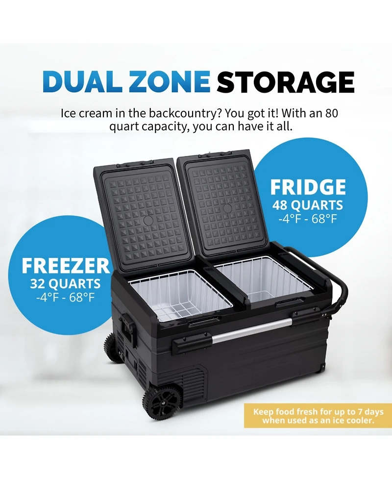 Newair 12V/24V Dc Portable 80 Qt. Electric Car Camping Cooler with 3 Battery Protection Modes, Dual Zone Fridge and Freezer, Reversible Doors and Lg C