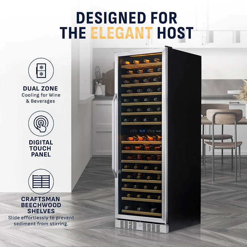 Newair 27" Built-in 160 Bottle Dual Zone Compressor Wine Fridge in Stainless Steel, Quiet Operation with Smooth Rolling Shelves