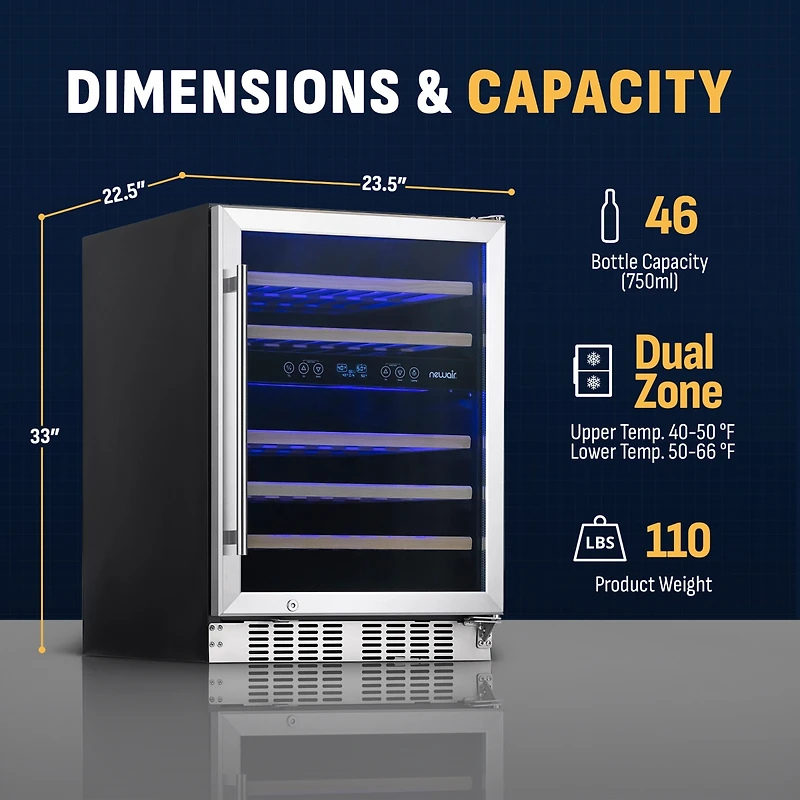 Newair 24 inch 46 Bottle Wine Cooler Refrigerator, Built-in Recessed Kickplate, Dual Zone Wine Fridge in Stainless Steel