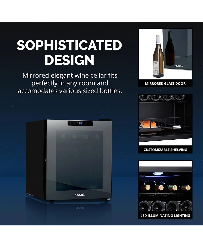 Newair Shadow Series Wine Cooler Refrigerator 16 Bottle, Freestanding Mirrored Wine Fridge with Double-Layer Tempered Glass Door & Compressor Cooling