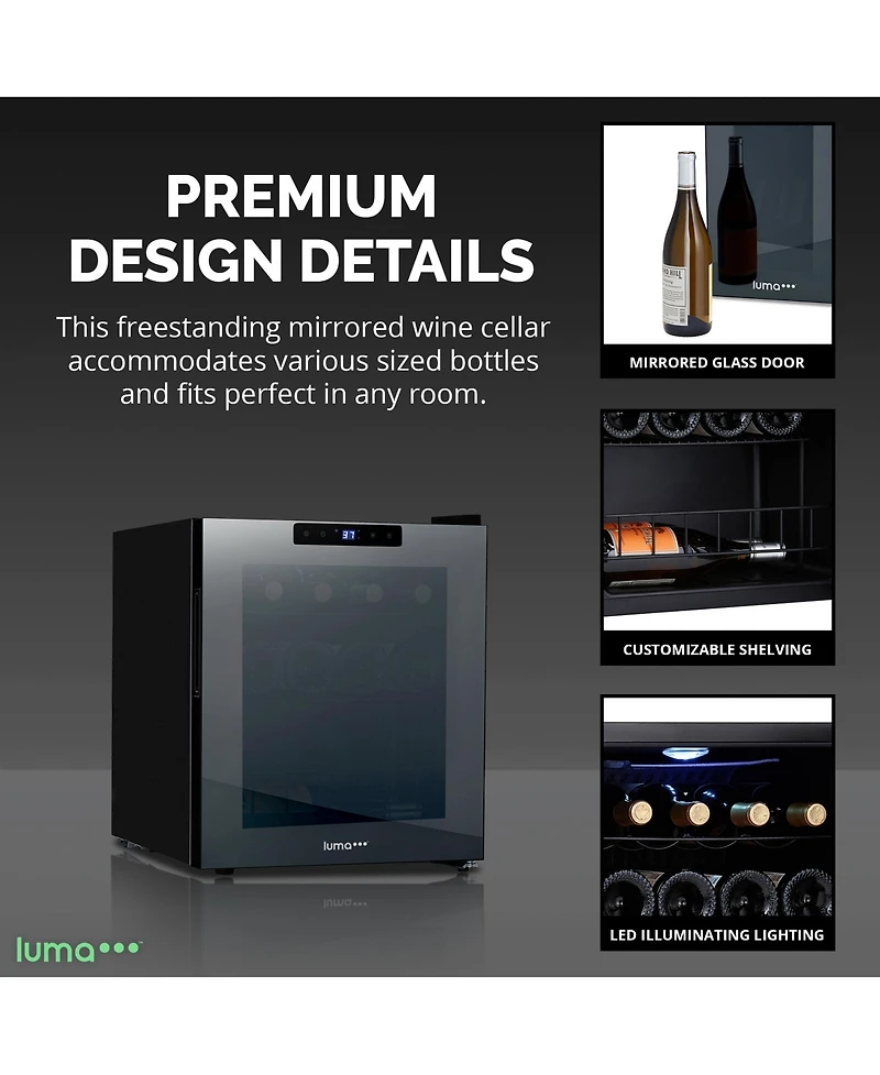 Luma Comfort Shadow Series Wine Cooler Refrigerator 16 Bottle, Freestanding Mirrored Wine Fridge with Double-Layer Tempered Glass Door & Compressor Co