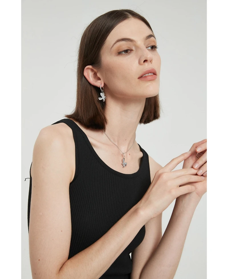 Pave Butterfly Dangle Drop Hoop Earrings