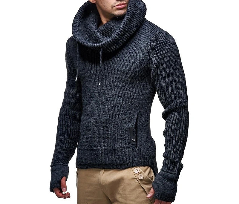 Leif Nelson Men's Cowl Neck Knitted Pullover with Thumbhole Cuffs