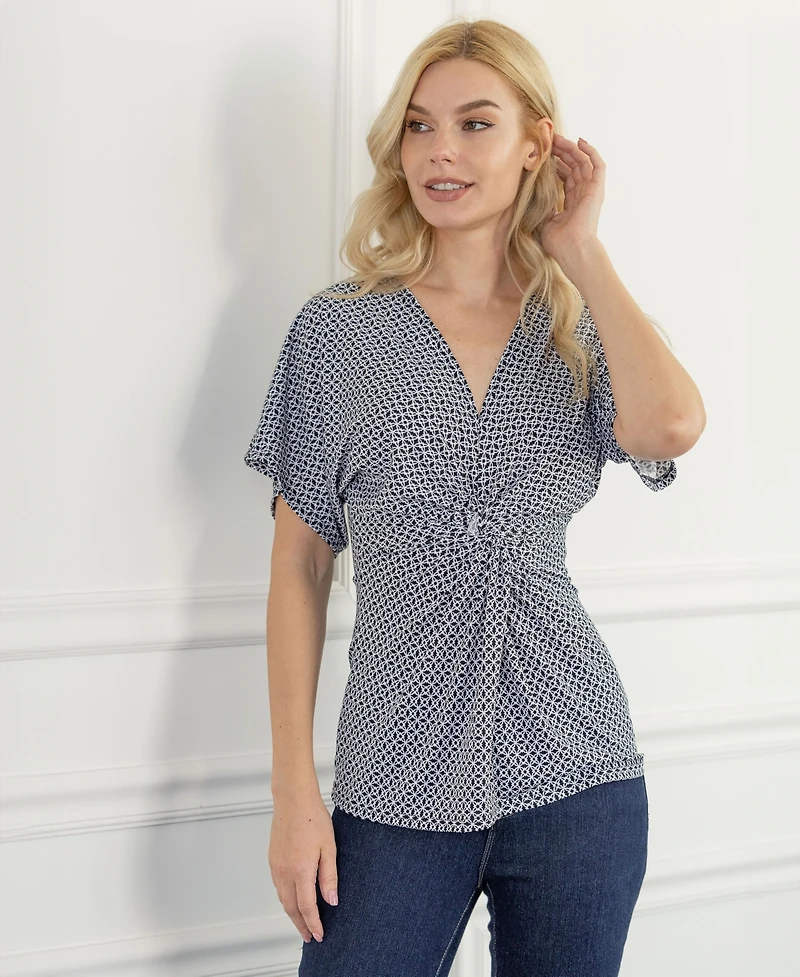 24seven Comfort Apparel V Neck Geometric Print Knot Front Kimono Sleeve Top