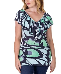 24seven Comfort Apparel Cap Sleeve Print Ruffle V Neck Top