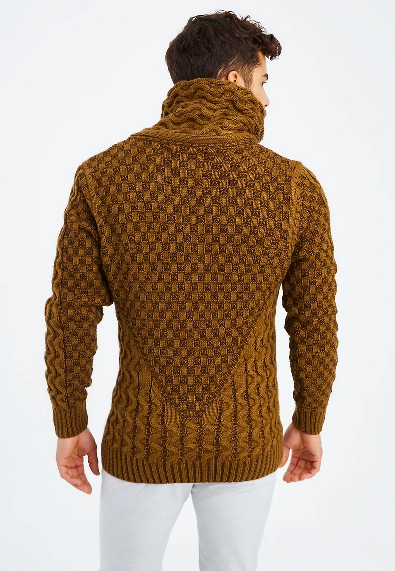 Leif Nelson Men's Knitted Shawl Collar Cardigan with Leather Buckle Detail