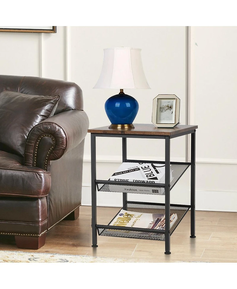 Slickblue 3-Tier Industrial End Table with Mesh Shelves and Adjustable Shelves
