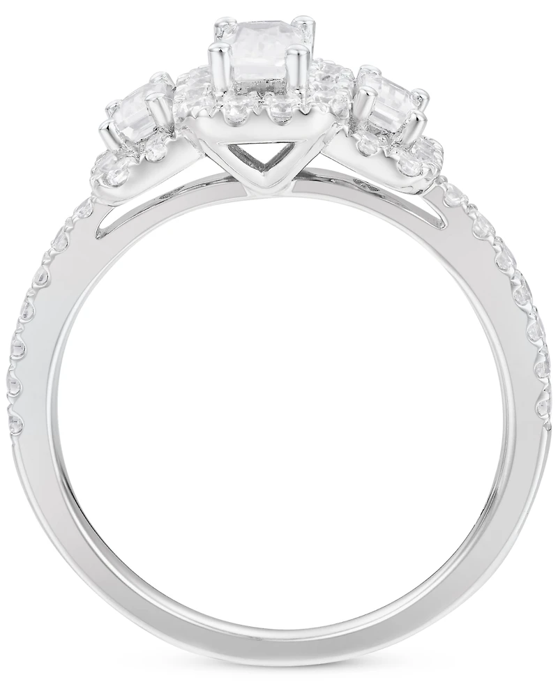 Diamond Emerald-Cut Halo Three Stone Ring (1 ct. t.w.) in 14k White Gold