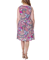 24seven Comfort Apparel Print Sleeveless Pleated Knee Length Pocket Dress