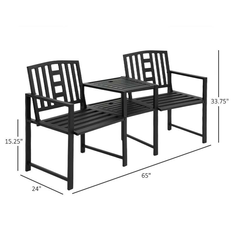Outsunny Metal Garden Bench with Center Table and Umbrella Hole