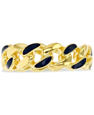 Black Enamel Polished Cuban Chain Link Statement Ring 14k Gold-Plated Sterling Silver