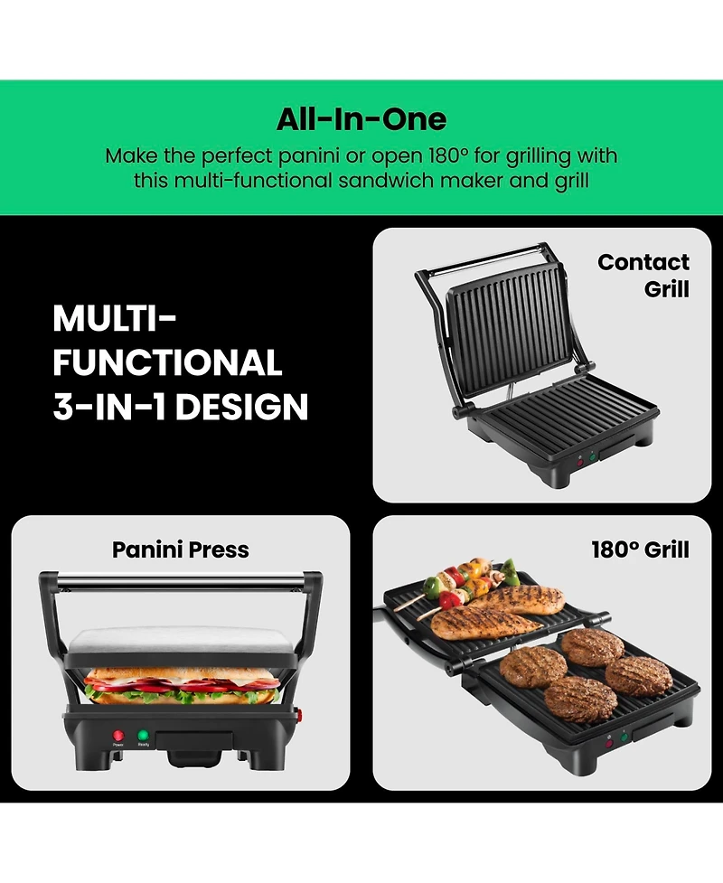 Chefman Electric Panini Press & Grill w/ Non Stick Plates, Opens Flat