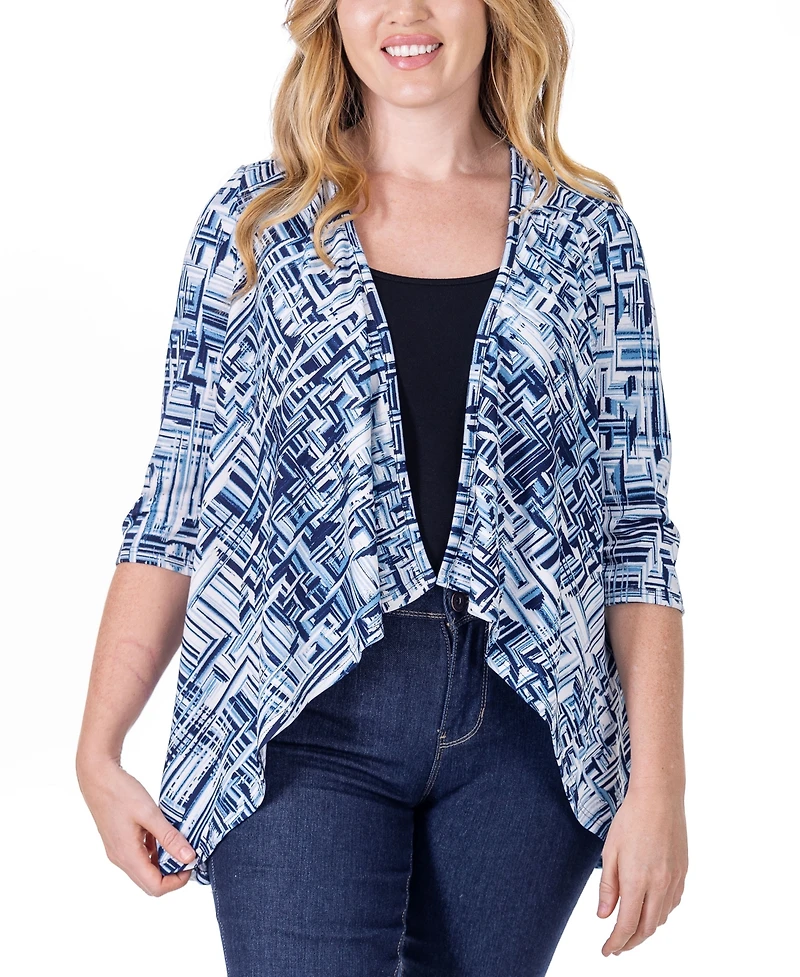 24seven Comfort Apparel Print Elbow Length Sleeve Open Cardigan