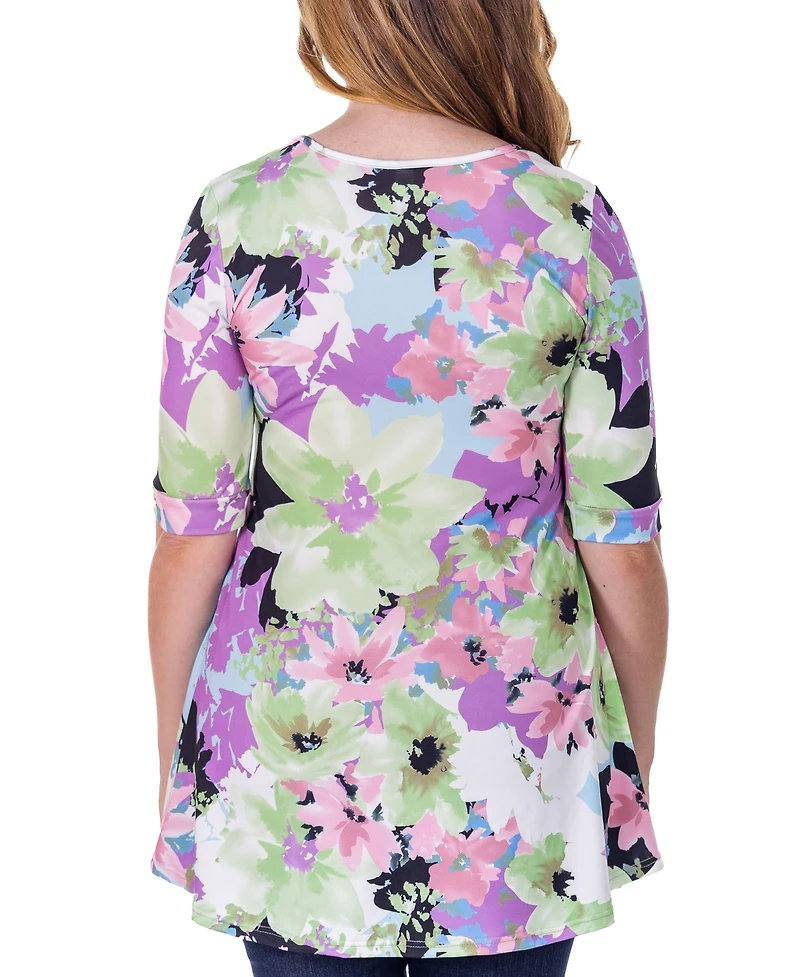 24seven Comfort Apparel Print Elbow Sleeve V Neck Henley Tunic Top