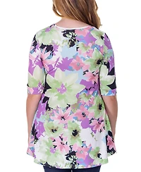 24seven Comfort Apparel Print Elbow Sleeve V Neck Henley Tunic Top