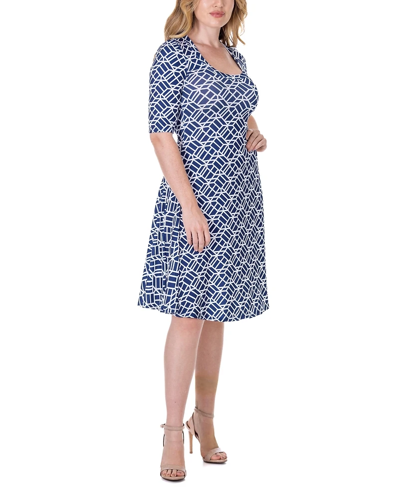 24seven Comfort Apparel Print Knee Length Elbow Sleeve Dress