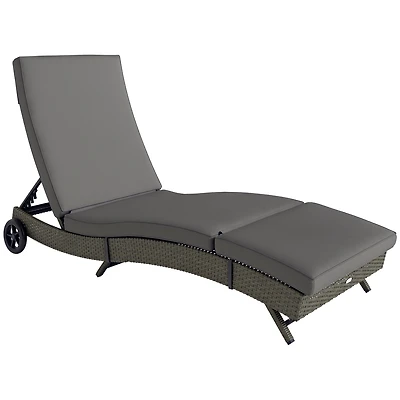 Outsunny Outdoor Reclining Lounge Chair, Pe Wicker, Rolling Wheels, Patio, Grey