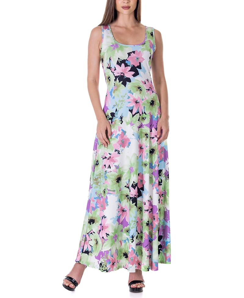 24seven Comfort Apparel Print Scoop Neck A Line Sleeveless Maxi Dress