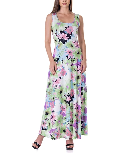 24seven Comfort Apparel Print Scoop Neck A Line Sleeveless Maxi Dress
