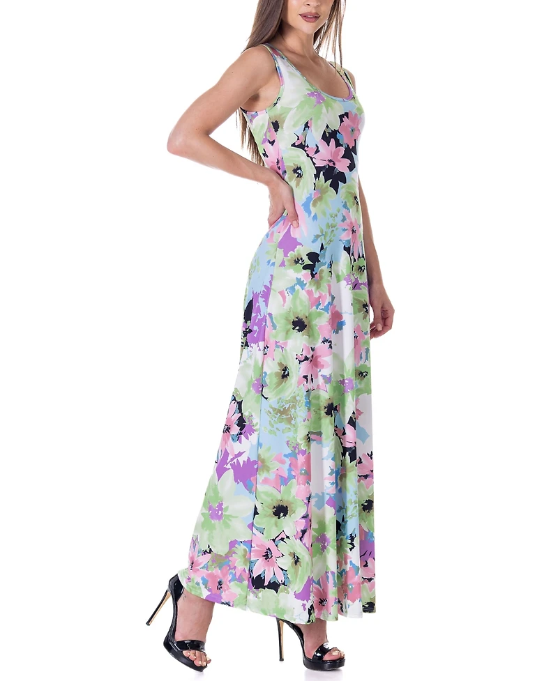 24seven Comfort Apparel Print Scoop Neck A Line Sleeveless Maxi Dress