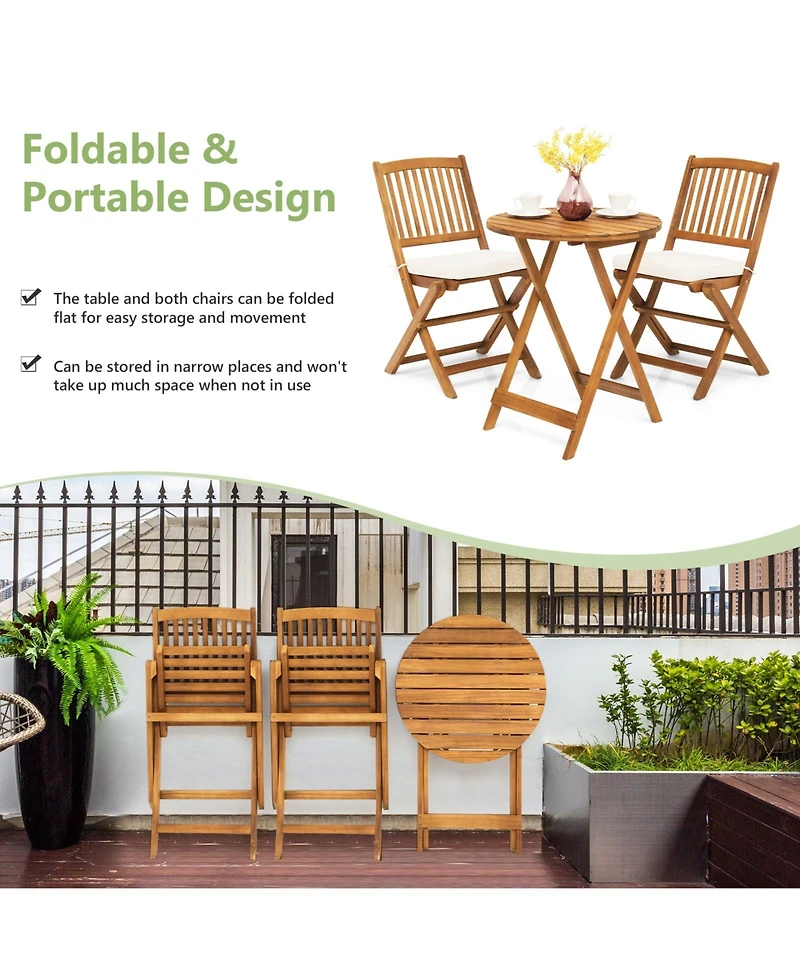 Sugift 3 Pieces Patio Folding Bistro Set with Padded Cushion and Round Coffee Table