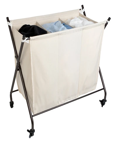 Smart Design Premium 3 Compartment Rolling Canvas Laundry Sorter Hamper with Wheels and Handles