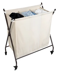 Smart Design Premium 3 Compartment Rolling Canvas Laundry Sorter Hamper with Wheels and Handles